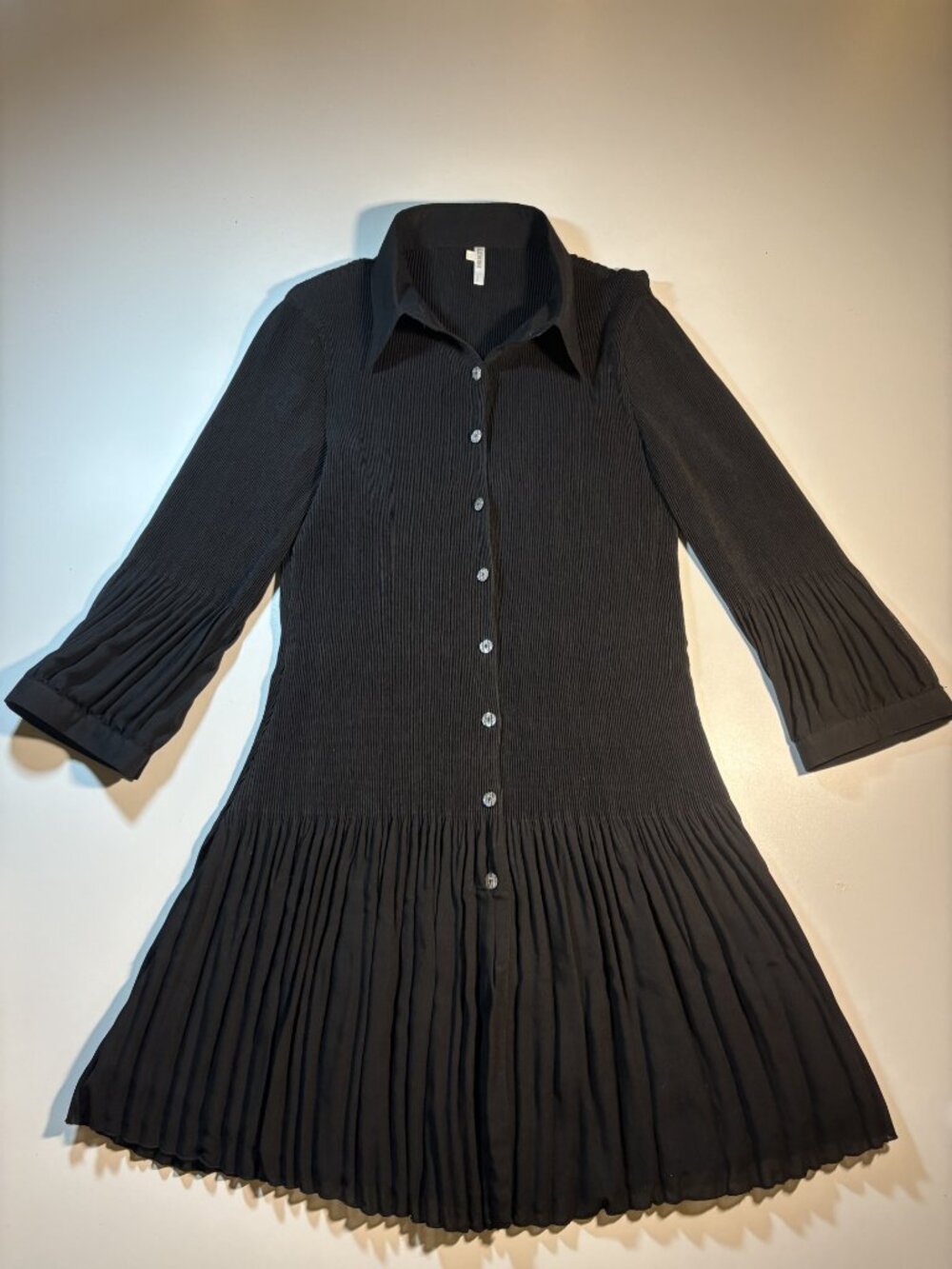 Lindi XL Black Pleated Stretch Shirt Dress Accordion Ribbed Button Front Elegant
